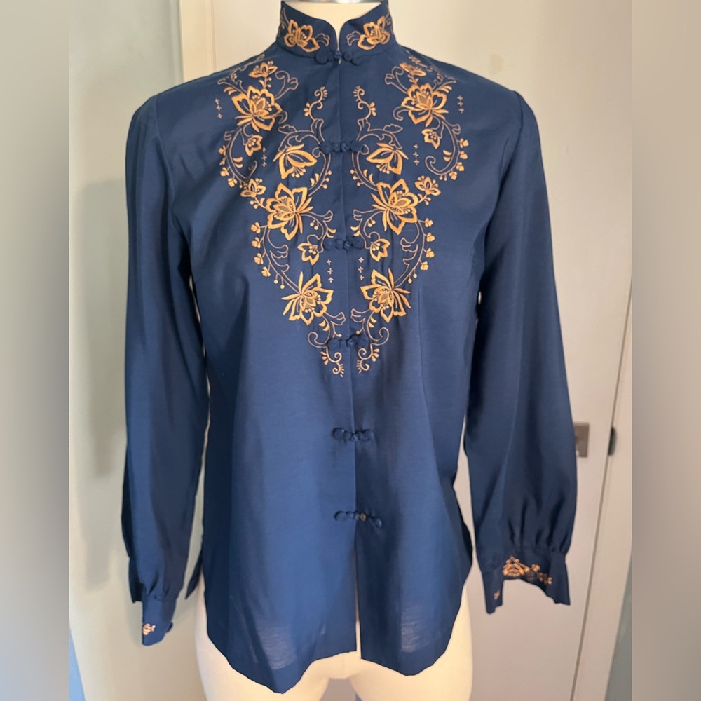 Navy and Gold Floral Embroidered Women's Blouse. Bust 36”
